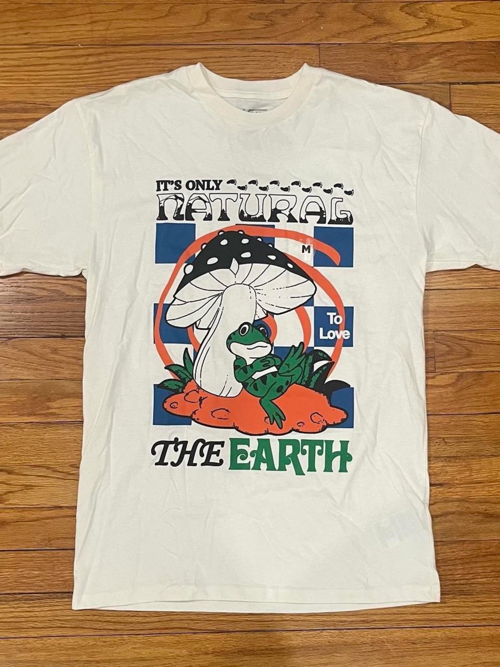 Vans White Short Sleeve Shirt with Green Frog and Orange Mushroom Graphic